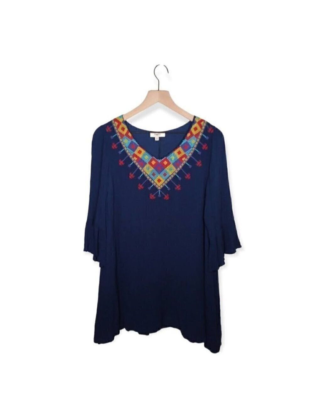 Hayden V-Neck Smocked Embroidered Tunic Bell Sleeve Top Size M